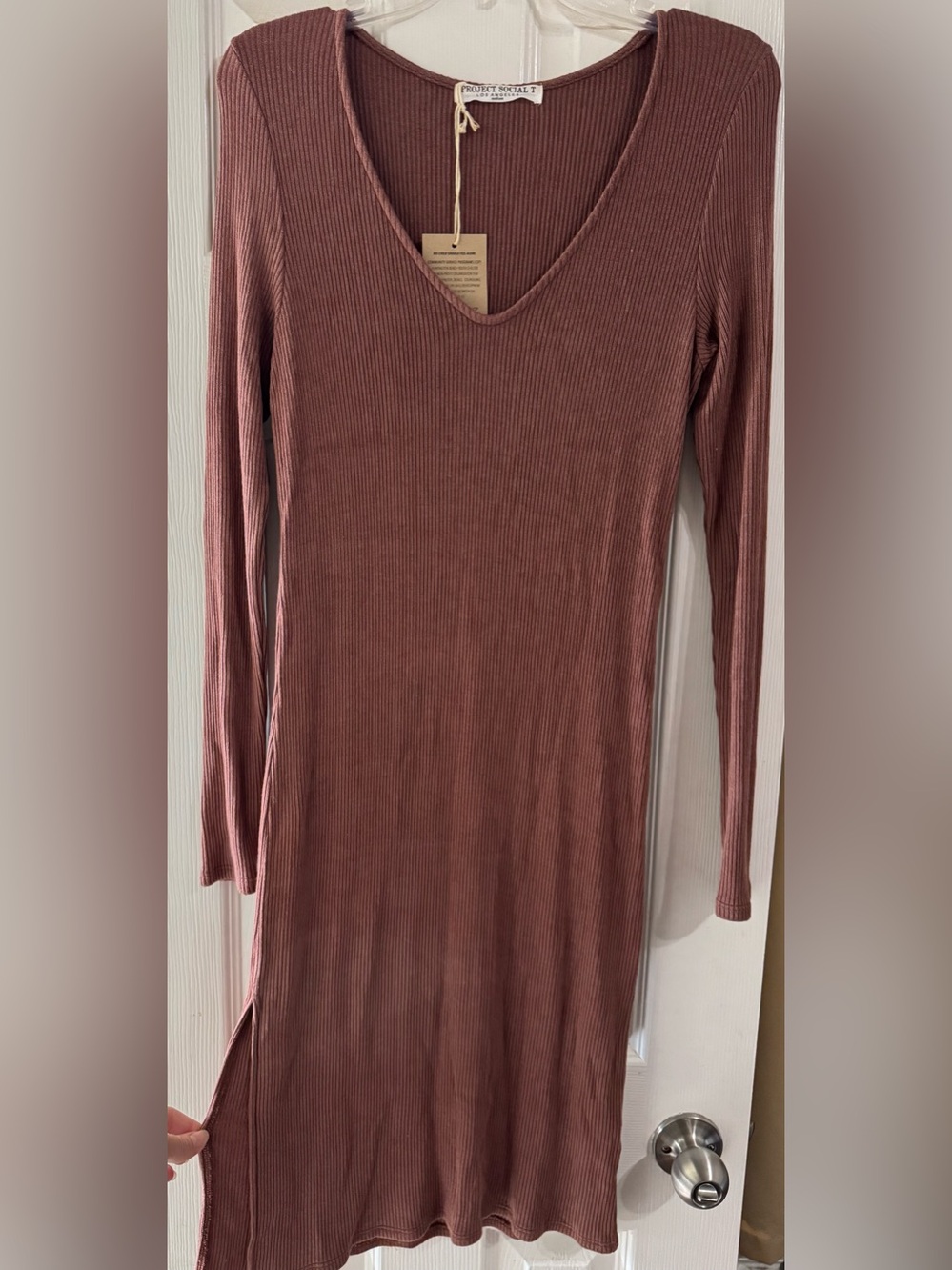 Project Social T Ribbed Long-Sleeve V-Neck Dress in Dusty Rose Mauve